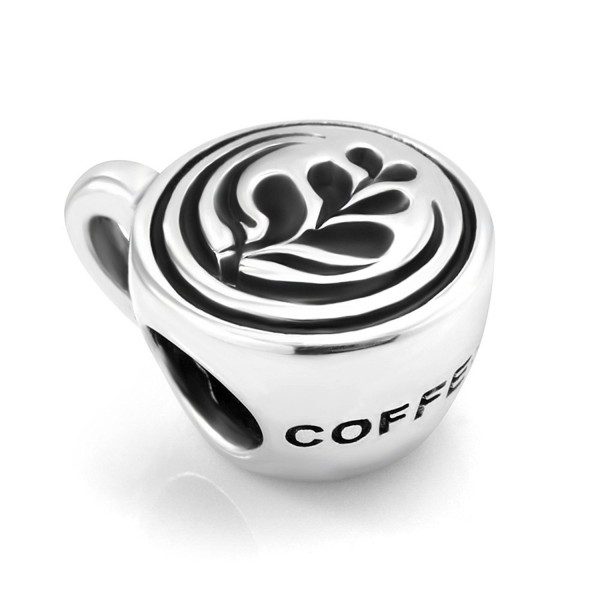 925 Sterling Silver Latte art Coffee Cup Bead Charm Fit Major Brand Bracelet - Heart Leaf - CG11DM5NAAH