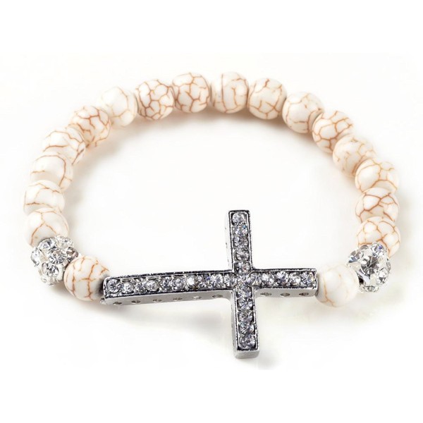 Fashion Jewelry Stretchable sideways cross bracelet with white created-turquoise beads and crystal cross - C4119ID3491