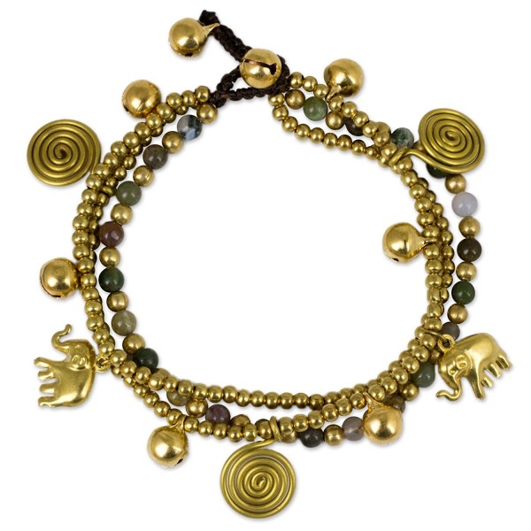 NOVICA Jasper and Brass Beaded Lucky Elephant Charm Bracelet- 7.5" 'Colorful Siam Elephants' - CR127S0ZPKL
