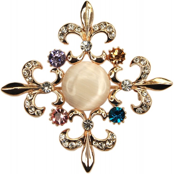 Brooch- Cat's Eye Multicolored Rhinestone Fleur-de-lis Cross Rose Gold Plated Brooch + FREE GIFT BAG - CJ129QVKYF1