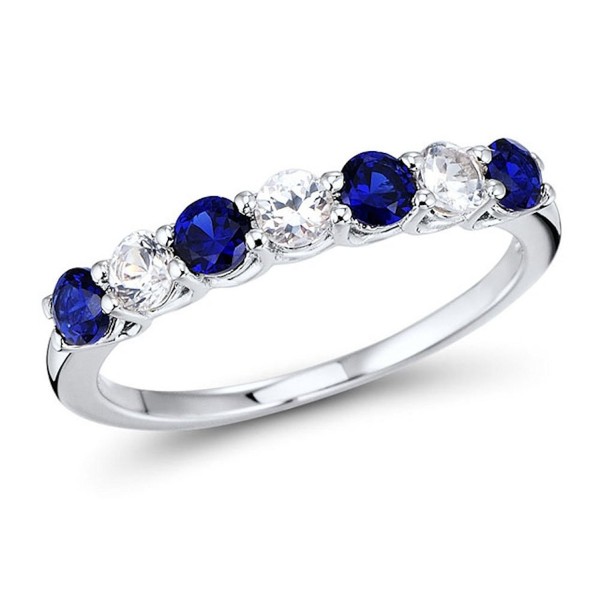 Lab Created Blue and White Sapphire 7-Stone Ring Band in Rhodium Plated Sterling Silver - CN189U4QXK5
