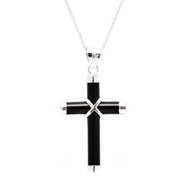 Sterling Silver Jadeite cross necklaces- 3 colors White- Black- and Green Jade- in 18" cable chain - Black - CC188I4OI0X