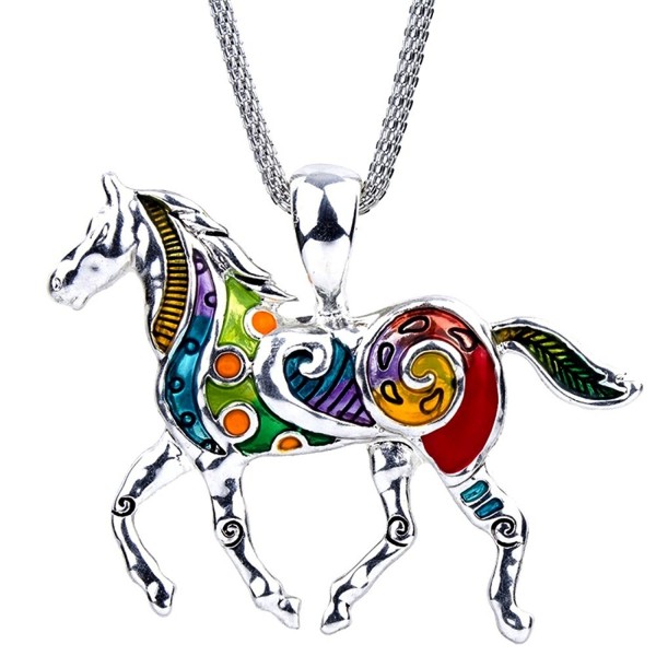 DianaL Boutique Large Colorful Silver Tone Horse Pendant Necklace on 20" Mesh Chain Fashion Jewelry - CE128WCFOWN