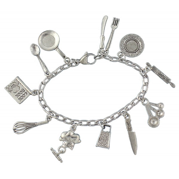 Chef Charm Bracelet- Pewter Cooking and Baking Themed Charms on Stainless Steel Chain - Sizes XS S M L XL - C612KLH0XTV