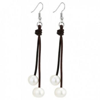 Cultured Freshwater Pearl Dangle Earrings for Women Handmade Genuine Leather Cord Hook Earring - Brown - CB186HKATEA