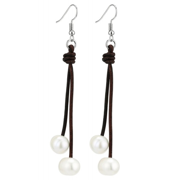 Cultured Freshwater Pearl Dangle Earrings for Women Handmade Genuine Leather Cord Hook Earring - Brown - CB186HKATEA