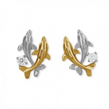 Sterling Silver with 14kt Yellow Gold Plated Accents Double Dolphin Stud Earrings - CI11CR4B2J7