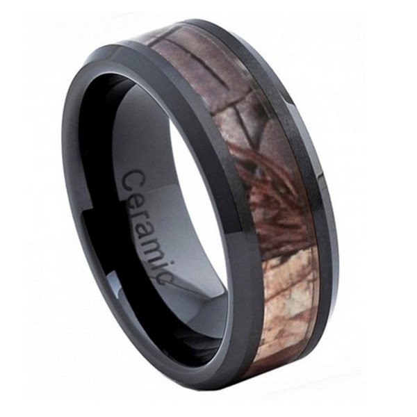 8mm Black Ceramic Wedding Band Ring High Polish with Forest Floor Foliage Camo Inlay Beveled Edge - C811ORC3XIF