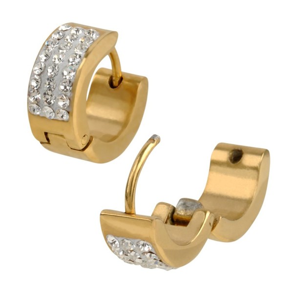 INOX 316L Stainless Steel Gold Tone Wide Huggie Hoop Earrings With Clear Pave Set CZs - CY11L3HQBH7