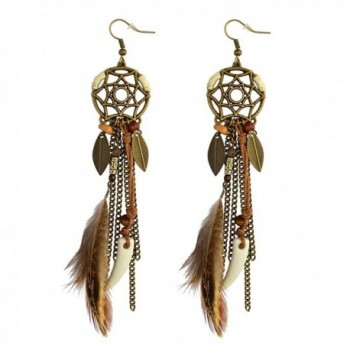 Punk Vintage Long Tassel Feather Beads Drop Wolf Tooth Pendant Earring Fish Hook Earrings - CC12K8FA81N