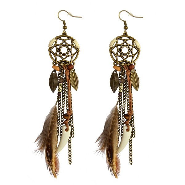 Punk Vintage Long Tassel Feather Beads Drop Wolf Tooth Pendant Earring Fish Hook Earrings - CC12K8FA81N