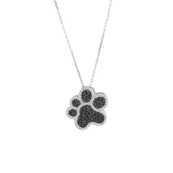 Sterling Silver Black & White CZ Dog Paw Print Pendant with 18" Chain - C411US0DVL9