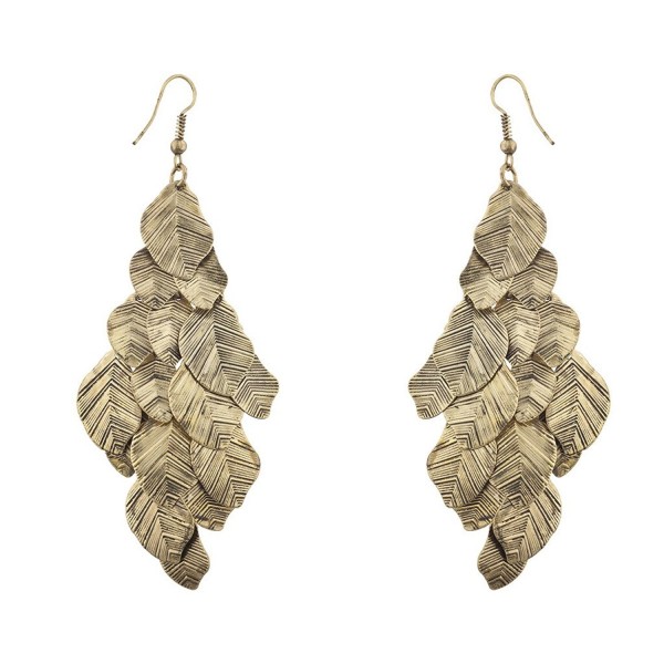 Lux Accessories Boho Burnish Gold Casted Leaves Fish Hook Chandelier Earrings - CV12LV66Q15