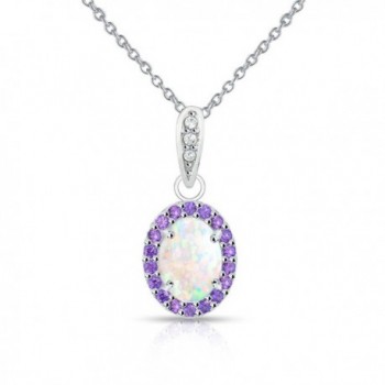 Sterling Silver Simulated White Opal and Simulated Gemstone Oval Halo Necklace - Simulated Amethyst - C4185OC522L