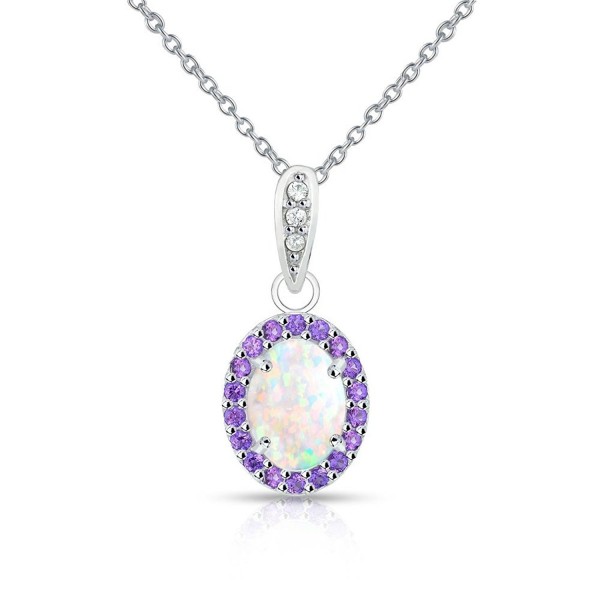 Sterling Silver Simulated White Opal and Simulated Gemstone Oval Halo Necklace - Simulated Amethyst - C4185OC522L