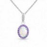 Sterling Silver Simulated White Opal and Simulated Gemstone Oval Halo Necklace - Simulated Amethyst - C4185OC522L