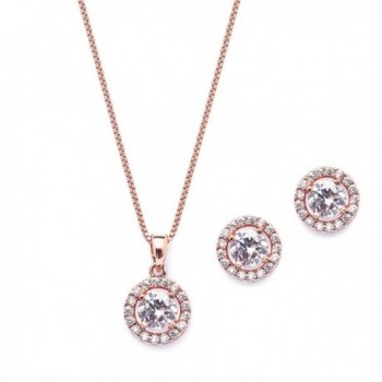 Mariell Ultra Dainty 10.5mm Cubic Zirconia Round Halo Necklace & Stud Earrings Set -14K Rose Gold Plated - CK12JGUEXUJ