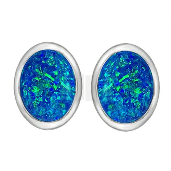 Star K Sterling Silver 8x6mm Oval Earrings Studs - Blue Created Opal - CQ110IZ9AH7