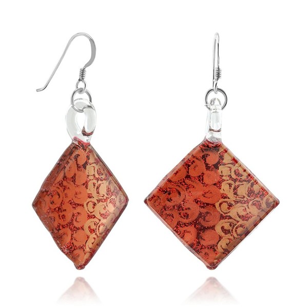 925 Sterling Silver Hand Painted Murano Glass Red Orange Swirls Square Dangle Hook Earrings - C411WFH1LPB
