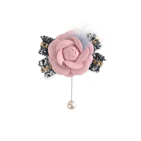 Zarapack Women's Designer Luxury Handmade Tweed Camellia with Mink Fur Bow Pearl Flower Pin brooch Gift box pack - CU17YY570WX