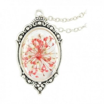 FM42 Vintage Style Dried Flowers Encased in Simulated Resin Oval Pendant Necklace - Red - CL124T8AFD1