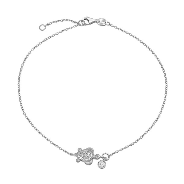 Bling Jewelry 925 Silver Bezel Set CZ Charm Nautical Turtle Anklet 9in - CV11EE6AK0H