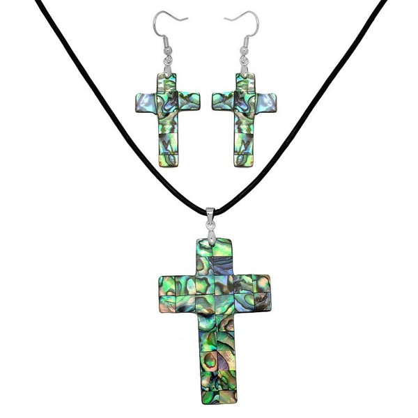 Falari Green Abalone Shell Necklace Earring Set Black Leather Cord - Cross - CP185RTHZAO