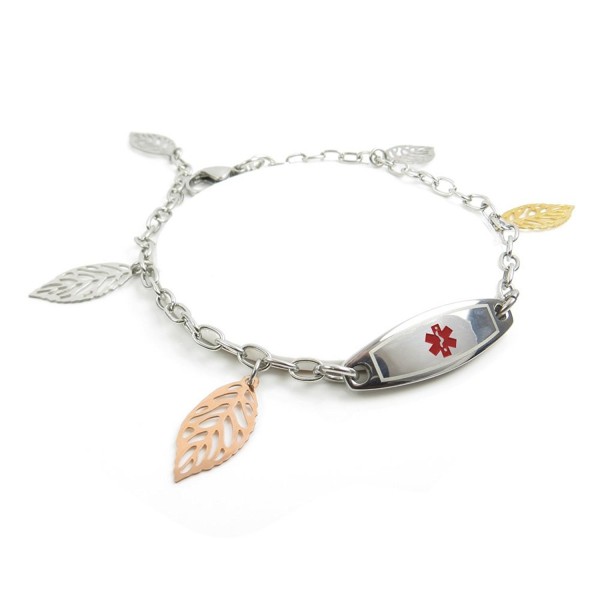 MyIDDr - Pre-Engraved & Customized Women's Diabetes Type I Medical Bracelet- Steel Leaves - CP11KGQXZ9N