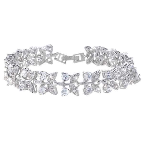 EVER FAITH Women's Full Prong Cubic Zirconia Wedding Floral Leaf Tennis Bracelet Clear Silver-Tone - CD11PBYPBGZ