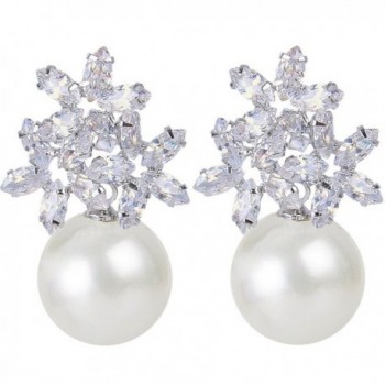 EVER FAITH Women's Zircon Cream Simulated Pearl Elegant Flower Pierced Stud Earrings - Clear Silver-Tone - CC1224JSVKH