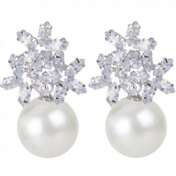 EVER FAITH Women's Zircon Cream Simulated Pearl Elegant Flower Pierced Stud Earrings - Clear Silver-Tone - CC1224JSVKH