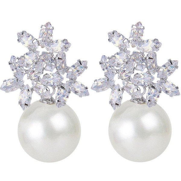 EVER FAITH Women's Zircon Cream Simulated Pearl Elegant Flower Pierced Stud Earrings - Clear Silver-Tone - CC1224JSVKH