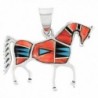 Horse Pendant 925 Sterling Silver Genuine Turquoise & Gemstones - Red & Black - CV12680ZK6V