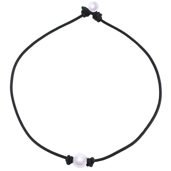 Single Cultured Freshwater Pearl Leather Choker Necklace on Genuine Black Leather Cord for Women Gift Handmade - CW12DC4XLBH