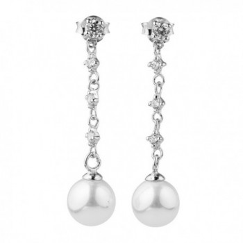 Sterling Silver White Cubic Zirconia Simulated Shell Pearl Long Drop Dangle Earrings - C512KJNAM9R