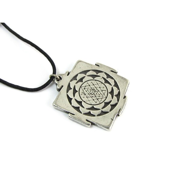 Hindu Sri Yantra for Growth and Healing Amulet Pewter Pendant with Cord Necklace - CW1155N8KFV