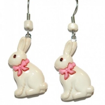 Pink & Cream Easter Bunny With Pink Bow Dangle Earrings (H113) - CT17YETC0LR