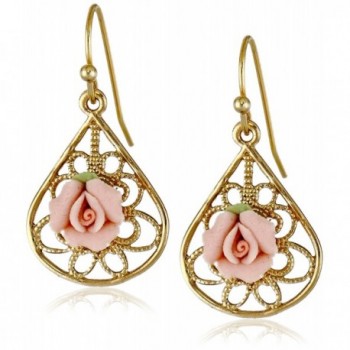 1928 Jewelry Gold-Tone and Pink Porcelain Rose Drop Earrings - CG11OVEZ0BR