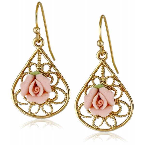 1928 Jewelry Gold-Tone and Pink Porcelain Rose Drop Earrings - CG11OVEZ0BR