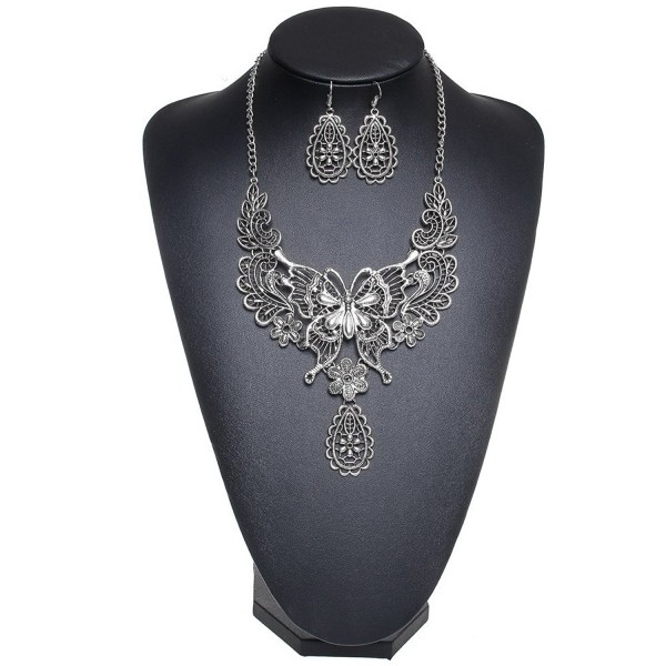 SUMAJU Statement Necklace- Hollow Butterfly Dangle Earrings Bib Collar Necklace Jewelry Set for Women - Silver - CG183Y9E89D