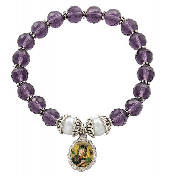 Our Lady of Perpetual Help Medal Bracelet with 7.5mm Amethyst Color Glass Crystal Beads - CE11GCPXO93