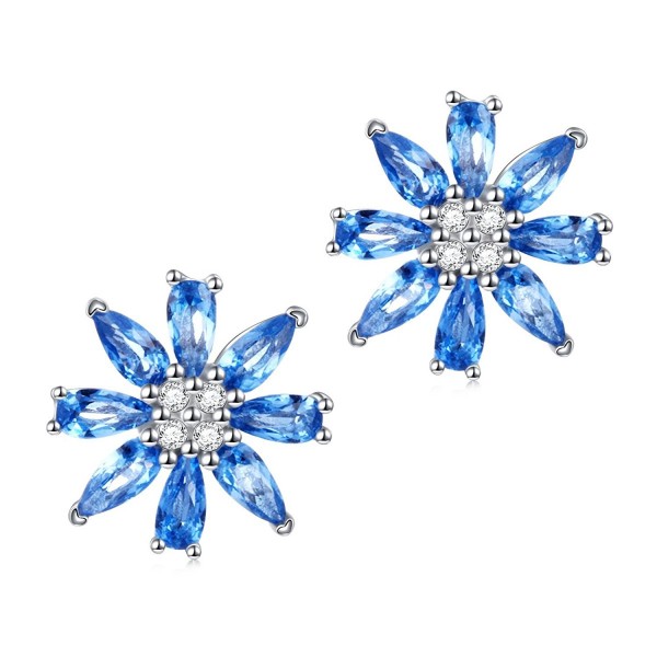 Valentine's Day Jewelry 925 Sterling Silver Blue Cubic Zirconia Flower Cz Stud Earrings for Women Girls - CX186242IAX