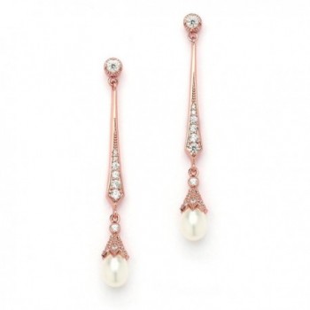 Mariell Slender Rose Gold CZ Vintage Dangle Earrings with Freshwater Pearl Drops - Bridal Wedding Style - C012MZF9K05