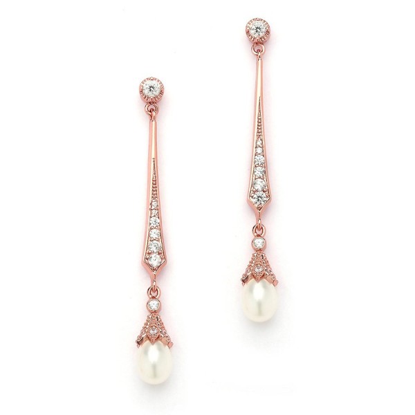 Mariell Slender Rose Gold CZ Vintage Dangle Earrings with Freshwater Pearl Drops - Bridal Wedding Style - C012MZF9K05