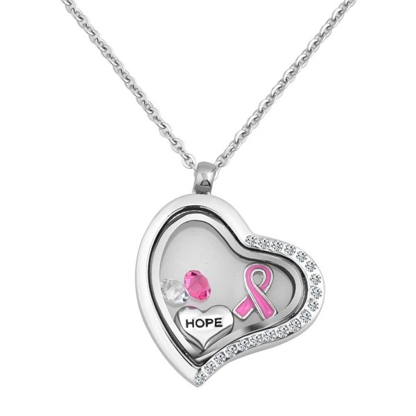 LuckyJewelry Breast Cancer Pink Ribbon Heart Floating Necklace Charm Living Memory Lockets Pendant - CI12IQH6IYH