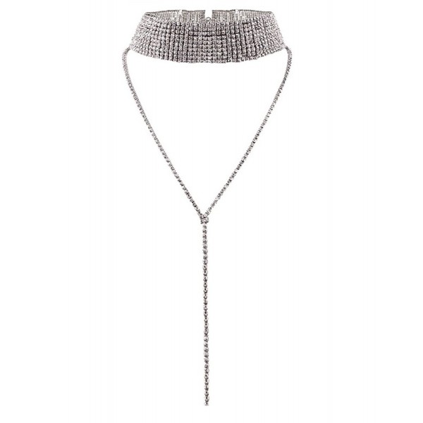 DELEY Fashion Women Ladies Multi-rows Rhinestone Choker Sweater Long Pendant Necklace Jewelry - Silver - CK12O6IEGMO