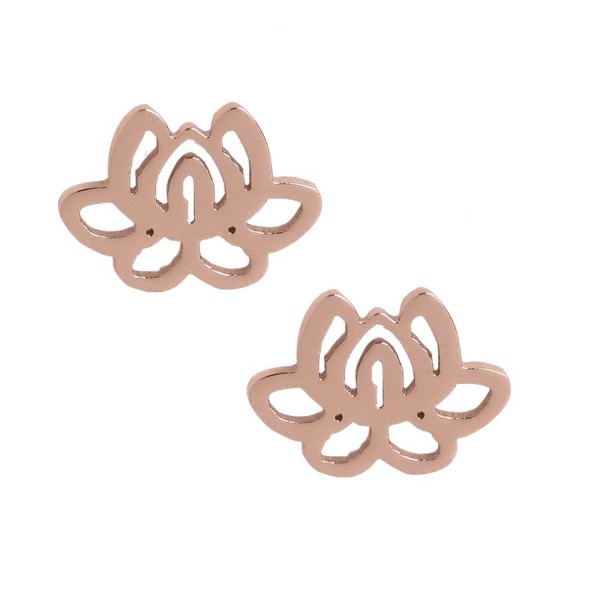 Women Lotus Flower Earrings.Rose Gold Tone Stainless Steel Gift Box Purity Sign Floral Stud Jewelry - CL12MMI653P