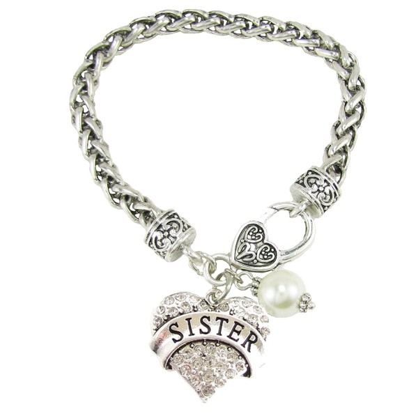 Sister Pearl Clear Crystal Heart Silver Lobster Claw Bracelet Jewelry Sis Cream - CF129FUI65D