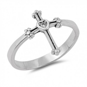 Solitaire Clear CZ Heart Cross Ring Sterling Silver Christian Band ...