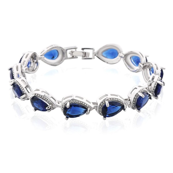 GULICX Silver Tone Austrian CZ Blue Sapphire-Color Link Lover Bangle Teardrop Women Tennis Bracelet - CN12N29E8P1
